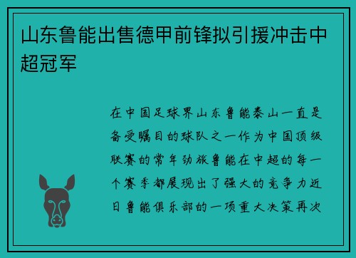 山东鲁能出售德甲前锋拟引援冲击中超冠军