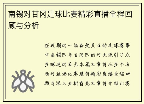 南锡对甘冈足球比赛精彩直播全程回顾与分析